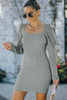 Gray Square Neck Puffy Sleeve Sweater Dress