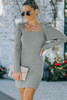 Gray Square Neck Puffy Sleeve Sweater Dress