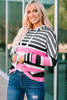 Rose Multi Striped Drawstring Long Sleeve Hoodie