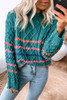 Green Striped Color Block Textured Knit Pullover Sweater