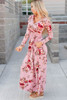 Pink  Wrapped V Neck Floral Long Sleeve Empire Maxi Dress