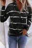 Black Striped Drawstring Button Long Sleeve Hoodie