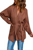 Brown Robe Style Rib Knit Pocketed Cardigan with Belt