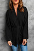 Black Robe Style Rib Knit Pocketed Cardigan with Belt