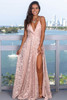 Pink Side Split Spaghetti Strap Contrast Lace Sequin Maxi Dress