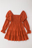 Brown Boho Solid Shirred Ruffle Mini Dress