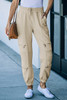 Beige Pleated Zipper Drawstring High Waist Joggers