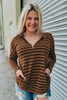 Brown Striped Knit Quarter Zip Hoodie