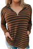 Brown Striped Knit Quarter Zip Hoodie