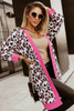 Rose Leopard Ribbed Trim Knitted Open Front Long Cardigan