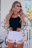 White Oversized Plaid Pattern Shacket with Slits White Oversized Plaid Pattern Shacket with Slits