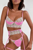 Pink Half Cup Lace Trim Strappy Lingerie Set