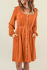 Orange Button Up High Waist Long Sleeve Dress