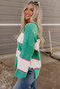 Green Striped Color Block Knitted Buttoned V Neck Sweater