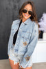 Sky Blue Leopard Star Distressed Cropped Denim Jacket