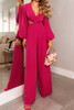 Red V Neck Bubble Sleeve Cut out Waist Wide Leg Jumpsuit