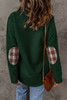 Green Geometric Texture Plaid Trim Sweatshirt Green Geometric Texture Plaid Trim Sweatshirt