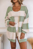 Green Open Front Colorblock Knit Cardigan