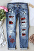 Sky Blue Plaid Snowflake Distressed Patchwork Jeans