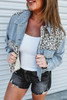 Sky Blue Plus Size Leopard Ripped Cropped Denim Jacket