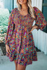 Purple Smocked V Neck Puffy Sleeve Floral Dress Purple Smocked V Neck Puffy Sleeve Floral Dress