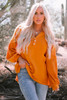 Orange Buttoned V Neck Drop Shoulder Waffle Knit Top