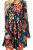 Blue Floral Pleated Long Sleeves Dress