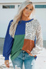 Blue Leopard Patchwork Color Block Ribbed Long Sleeve Top