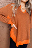 Orange Waffle Knit Patchwork V Neck Long Sleeve Top Orange Waffle Knit Patchwork V Neck Long Sleeve Top