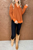 Orange Waffle Knit Patchwork V Neck Long Sleeve Top Orange Waffle Knit Patchwork V Neck Long Sleeve Top