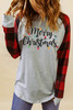 Gray Merry Christmas Plaid Color Block Long Sleeve Sweatshirt