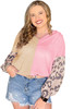 Pink Plus Size Leopard Sleeve Color Block Waffle Knit Top