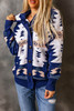 Blue Retro Jacquard Pattern Buttoned Front Hooded Sweater Blue Retro Jacquard Pattern Buttoned Front Hooded Sweater