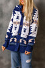 Blue Retro Jacquard Pattern Buttoned Front Hooded Sweater