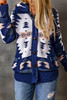 Blue Retro Jacquard Pattern Buttoned Front Hooded Sweater Blue Retro Jacquard Pattern Buttoned Front Hooded Sweater