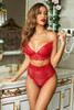 Red Strappy Lace Bralette High Waist Lace Up Panty Set