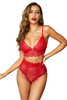 Red Strappy Lace Bralette High Waist Lace Up Panty Set