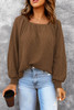 Brown Scoop Neck Puff Sleeve Waffle Knit Top