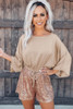 Khaki Sequin Patchwork Drawstring High Waist Romper