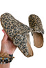 Leopard Buckle Strap Frayed Canvas Slip On Slippers