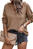 Khaki V Neck Ribbed Drop Shoulder Hooded Sweater