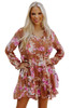 Brown Floral Print Drawstring V Neck Ruffled Babydoll Mini Dress