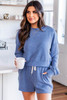 Blue Ribbed Texture Pullover and Drawstring Shorts Lounge Set