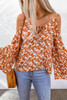 Orange Tie Neck Cold Shoulder Flare Sleeve Floral Blouse