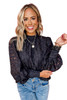 Black Lace-up Mock Neck Bubble Sleeves Blouse