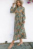 Green Pleated Long Sleeve Maxi Floral Dress with Tie