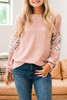 Pink Leopard Sequin Splicing Sleeves Textured Knit Top