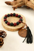 Red Plaid Wood Bead Bracelet Tassel Keychain