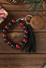 Red Plaid Wood Bead Bracelet Tassel Keychain
