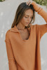 Orange Distressed Seam Trim Waffle Knit Top